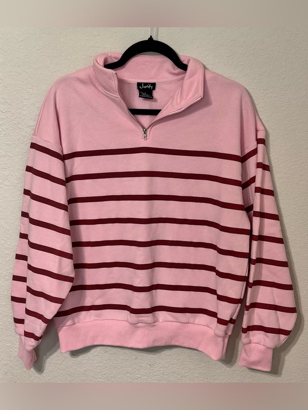 Pink with Burgandy Stripe 3/4 zip pullover- women’s small